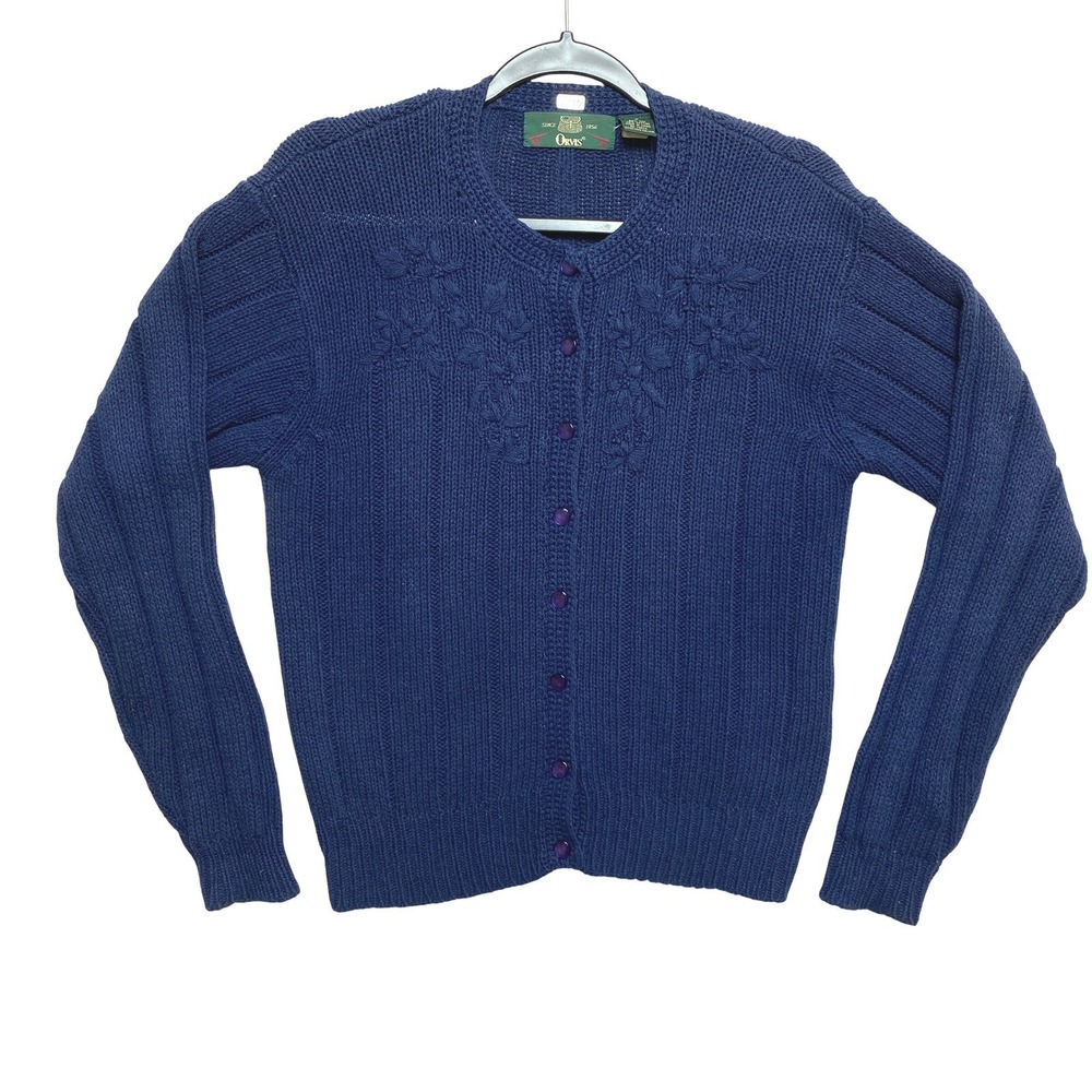 Orvis Cardigan Womens Size S Navy Blue Silk Cotton Blend Cable Sweater